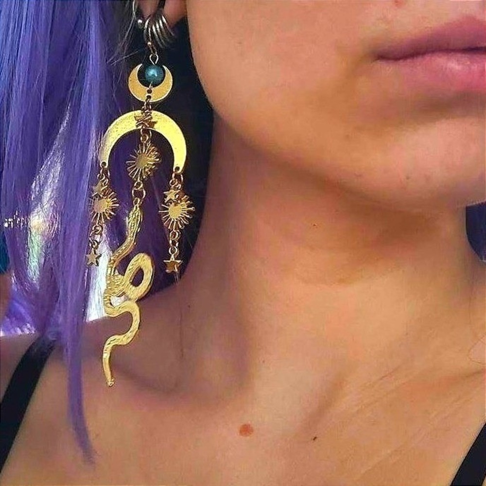 New Snake Gold Long Dangle Slytherin Celestial‎ Goth Horror Earrings Chandelier
